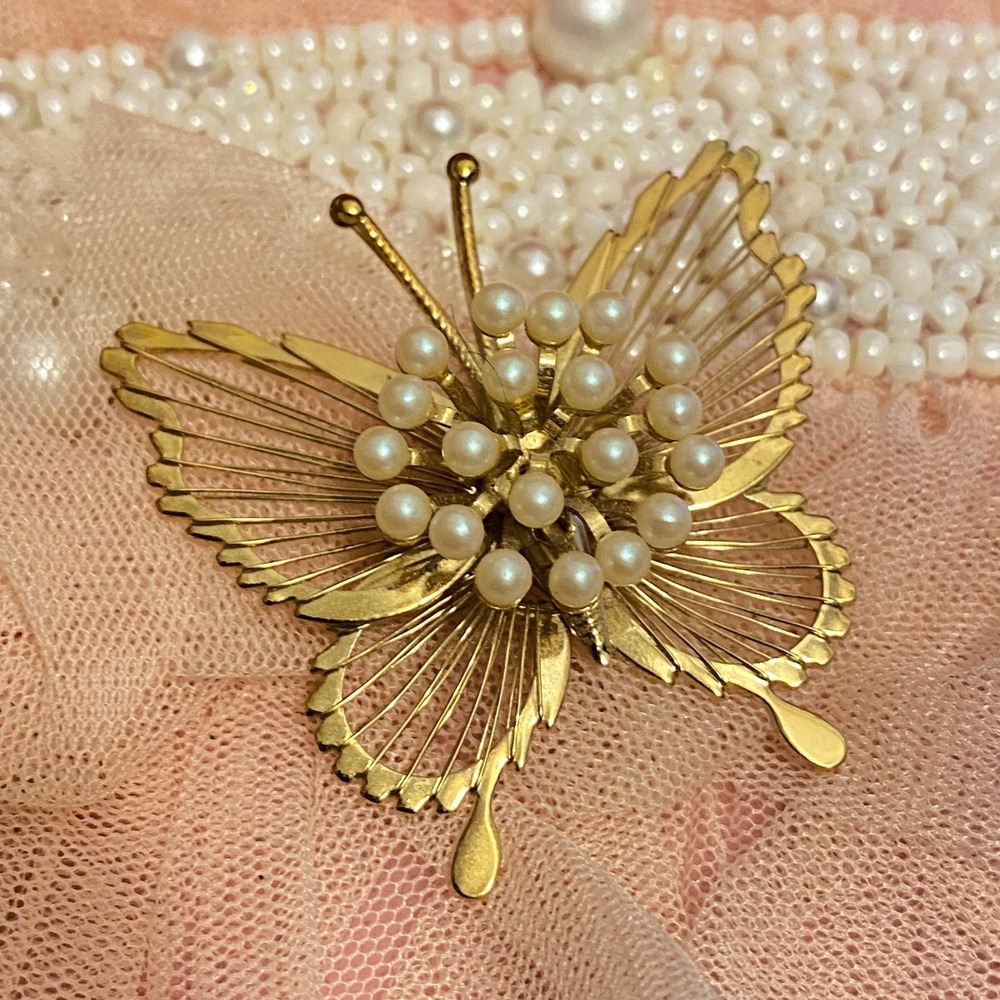 Vintage Monet Gold Butterfly Brooch Pin Faux Pearl Gold Tone Old Money